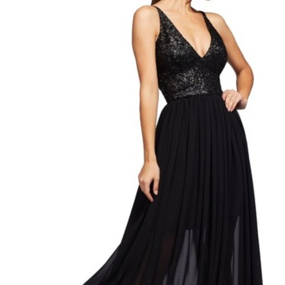 Dress the Population Dresses & Skirts - Black Lori Sequin Deep V-Neck Chiffon Gown Size 6